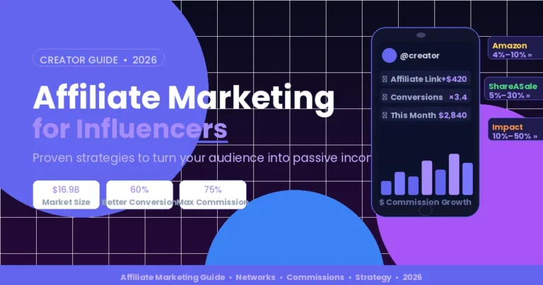 Affiliate marketing for influencers dashboard showing commission growth, top networks, and earnings stats on a phone screen