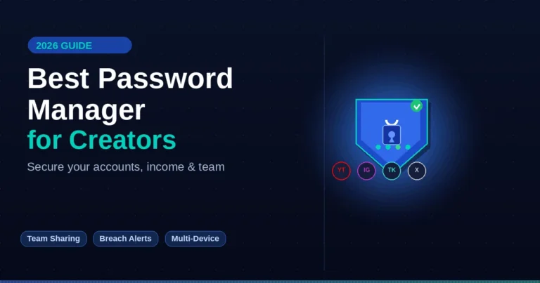 Best password manager for creators in 2026 — shield lock icon with platform logos