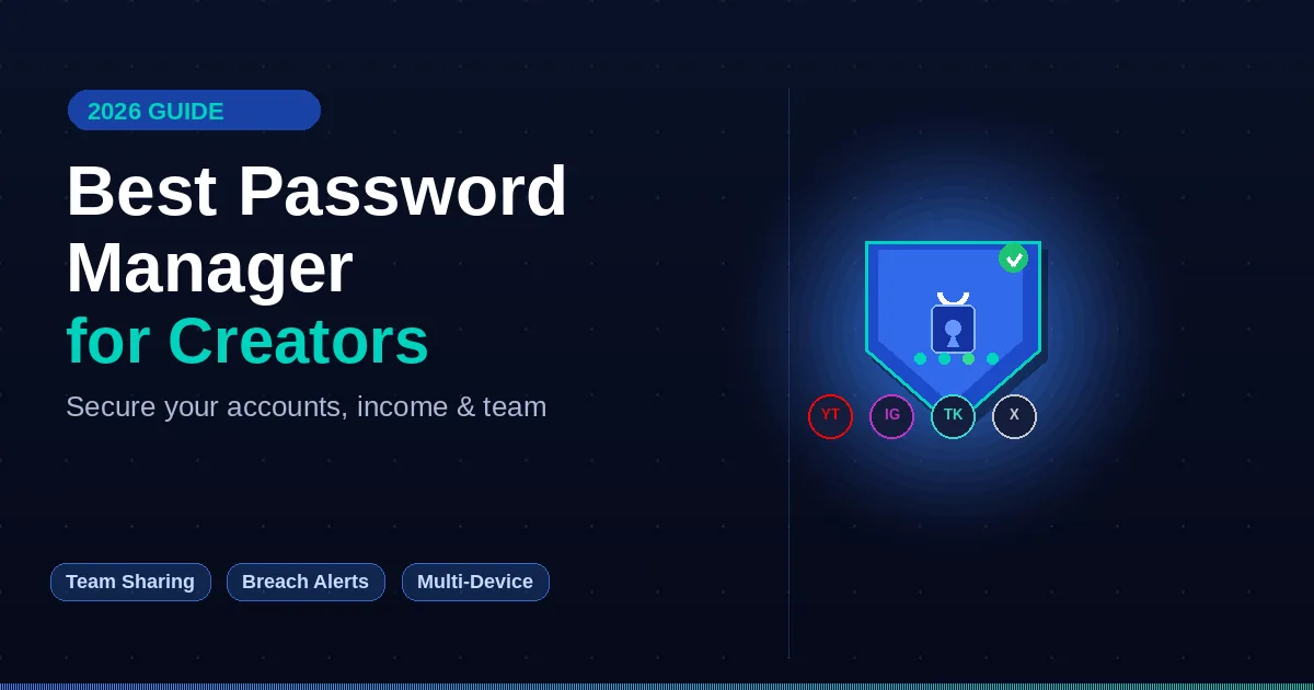 Best password manager for creators in 2026 — shield lock icon with platform logos