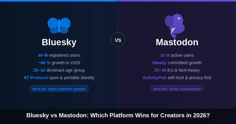 Bluesky vs Mastodon side-by-side comparison showing user stats, growth rates, and features for creators in 2026