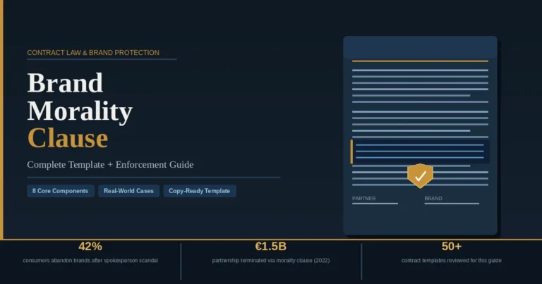 Brand morality clause contract template showing legal document with shield icon and enforcement statistics