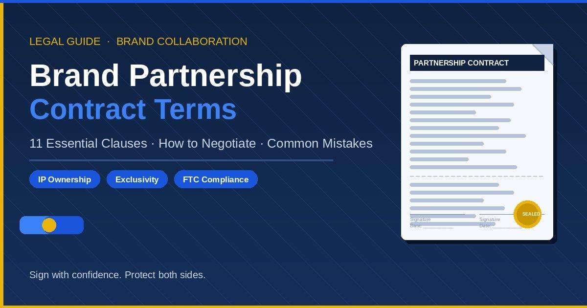 Brand partnership contract terms guide showing a signed agreement document with key clauses highlighted