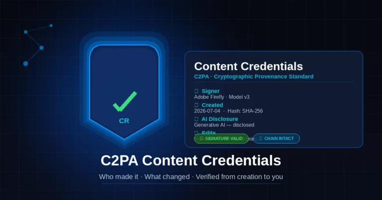 C2PA content credentials panel showing a cryptographic shield, signature-valid badge, and verified provenance data