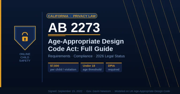 California AB 2273 Age Appropriate Design Code Act — shield and lock icon representing children's online privacy law