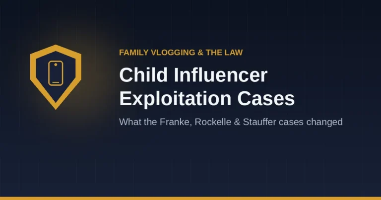 Child influencer exploitation cases illustrated by a shield and phone icon symbolizing legal protection