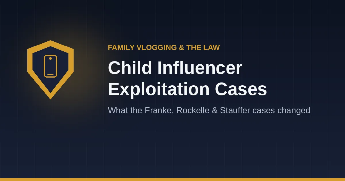 Child influencer exploitation cases illustrated by a shield and phone icon symbolizing legal protection