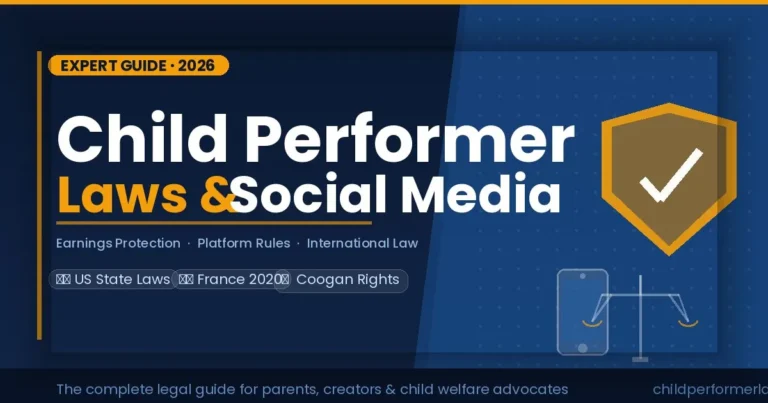 Child performer laws social media guide showing a legal shield, scales of justice, and smartphone icons on a dark navy background