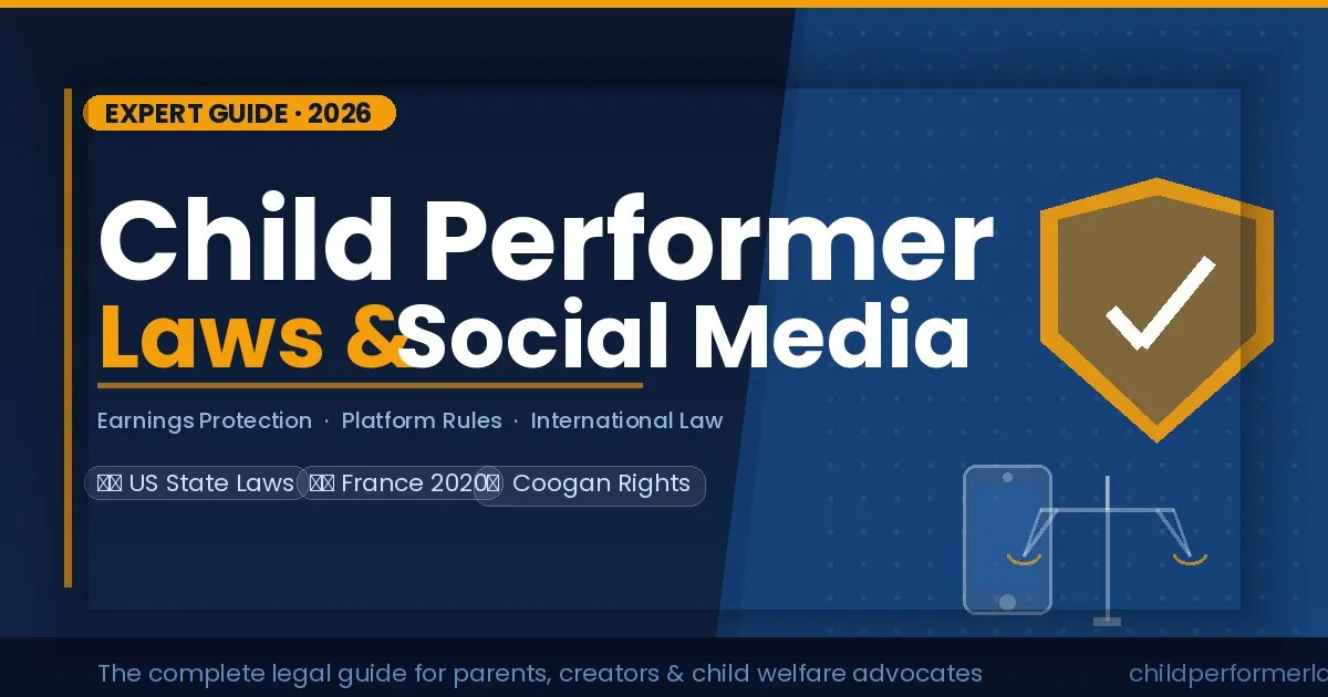 Child performer laws social media guide showing a legal shield, scales of justice, and smartphone icons on a dark navy background