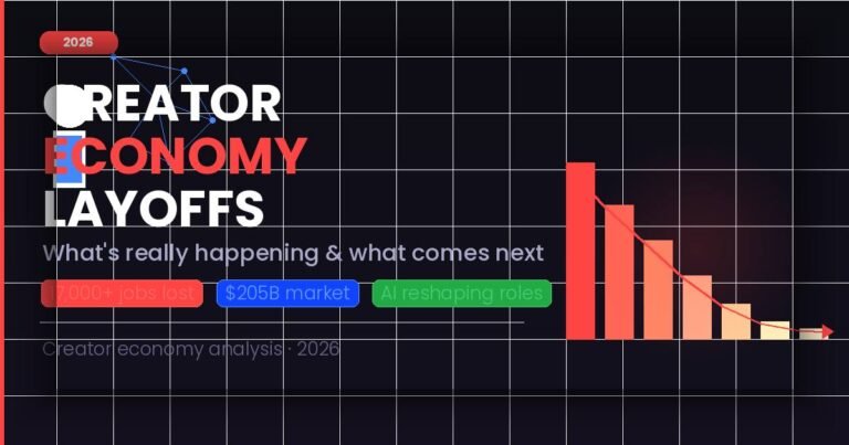 Creator economy layoffs 2026 showing falling bar chart and job loss data on dark editorial background