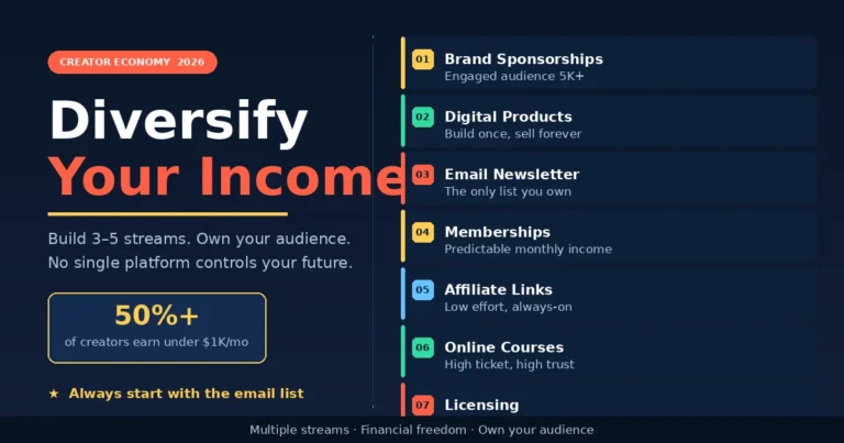 Creator income diversification map showing 7 revenue streams including brand deals, courses, memberships, and email list