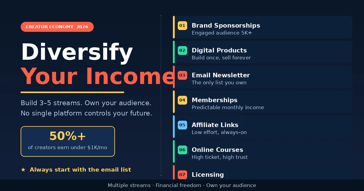 Creator income diversification map showing 7 revenue streams including brand deals, courses, memberships, and email list