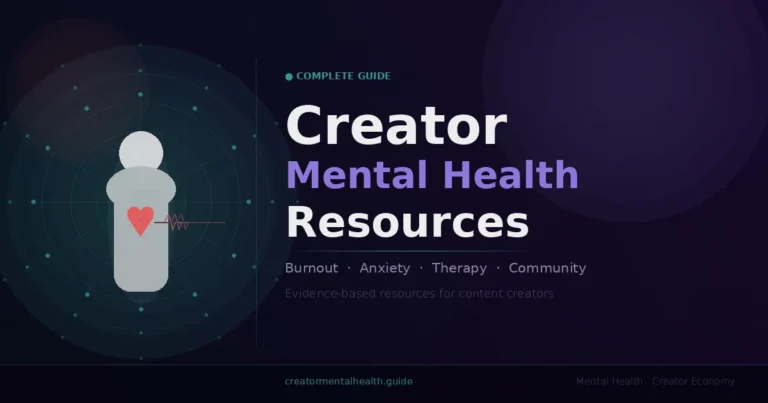 Creator mental health resources guide showing a human figure with a glowing heart, surrounded by a calming teal radial design