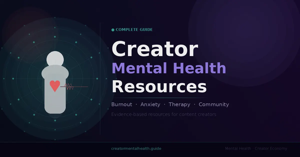 Creator mental health resources guide showing a human figure with a glowing heart, surrounded by a calming teal radial design