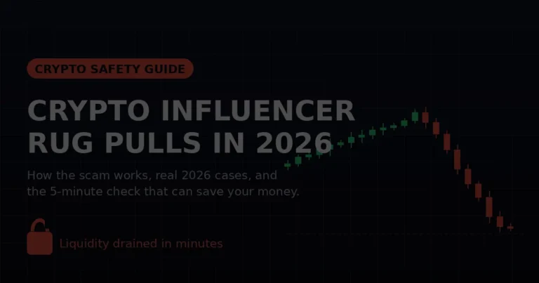 "Crypto influencer rug pulls 2026 — falling chart and broken lock symbolizing drained liquidity"