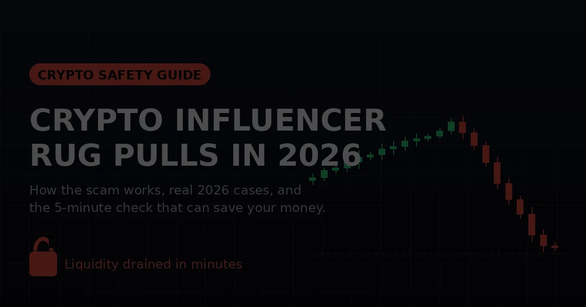 "Crypto influencer rug pulls 2026 — falling chart and broken lock symbolizing drained liquidity"
