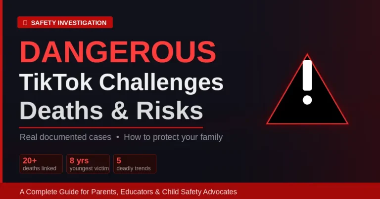 Dangerous TikTok challenges deaths — warning triangle graphic with headline and documented case stats