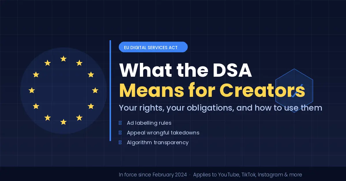 EU Digital Services Act guide for content creators showing rights, ad labelling rules, and appeal tools