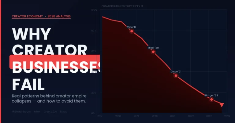 Failed creator businesses chart showing declining trust index with MrBeast Burger, Mixer, Dispo, and CryptoZoo failure markers