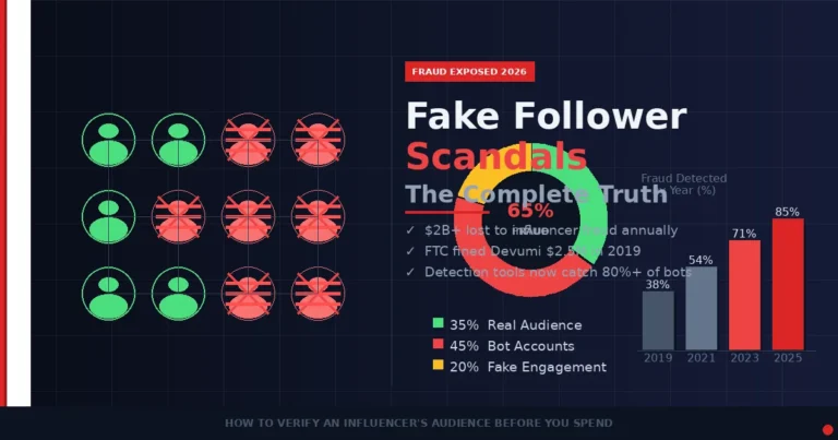 Fake follower scandals visualized — donut chart showing 65% fraud, bot profile icons with red X marks, and yearly detection rate bar graph