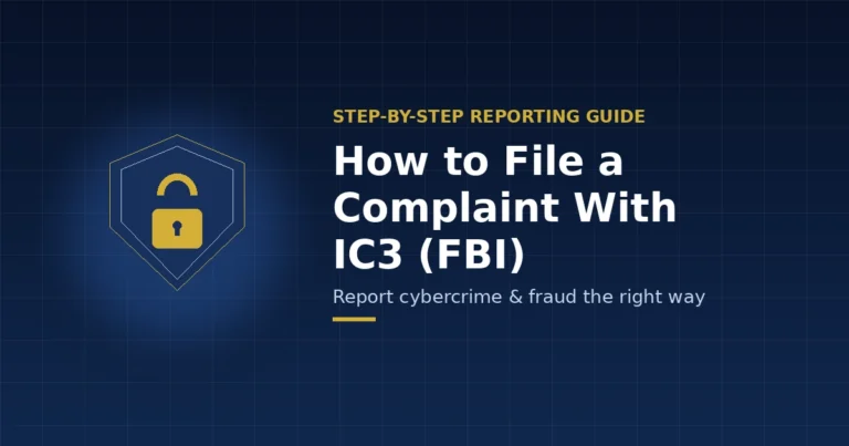 How to file a complaint with IC3 FBI — step-by-step guide graphic with shield and lock icon
