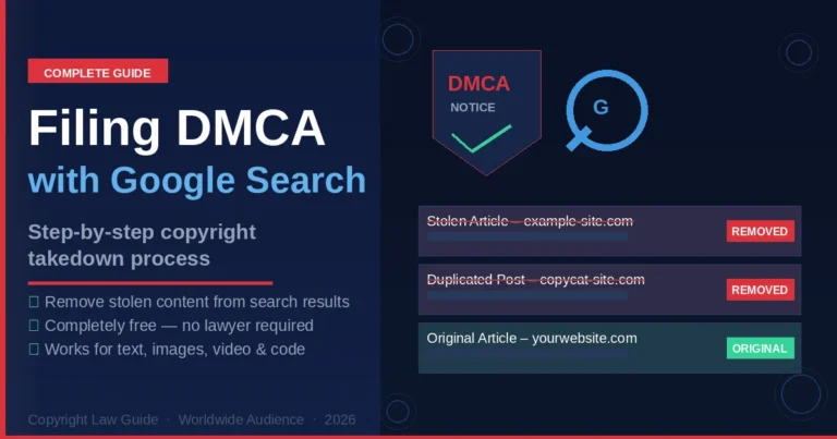 Filing DMCA with Google Search — step-by-step copyright takedown guide showing removal of stolen content