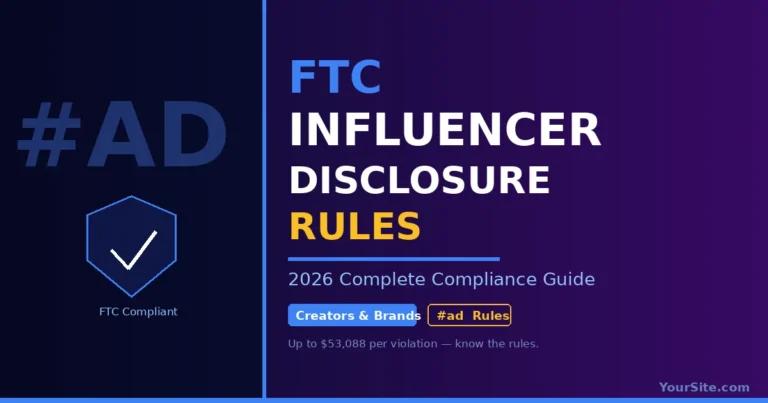 FTC influencer disclosure rules compliance guide for creators and brands showing shield icon and hashtag ad symbol