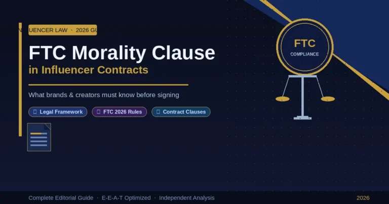 FTC morality clause influencer contract — scales of justice and legal document on dark editorial background