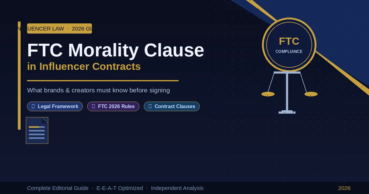 FTC morality clause influencer contract — scales of justice and legal document on dark editorial background
