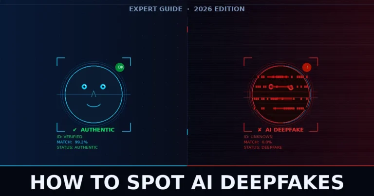 AI deepfake detection showing authentic face scan on left and glitched deepfake face on right with warning labels