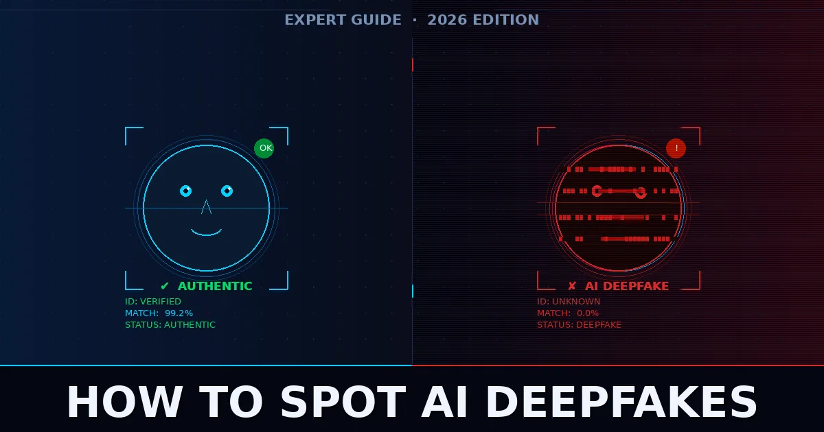 AI deepfake detection showing authentic face scan on left and glitched deepfake face on right with warning labels