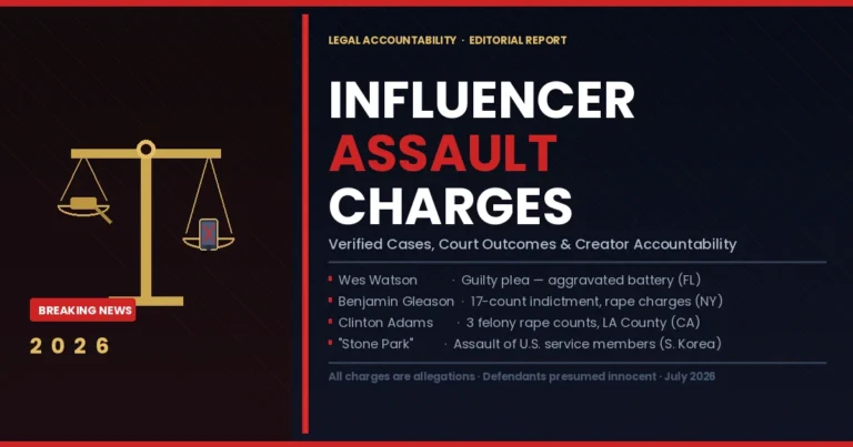 Influencer assault charges 2026 — scales of justice with social media accountability editorial graphic