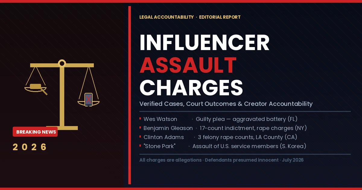 Influencer assault charges 2026 — scales of justice with social media accountability editorial graphic