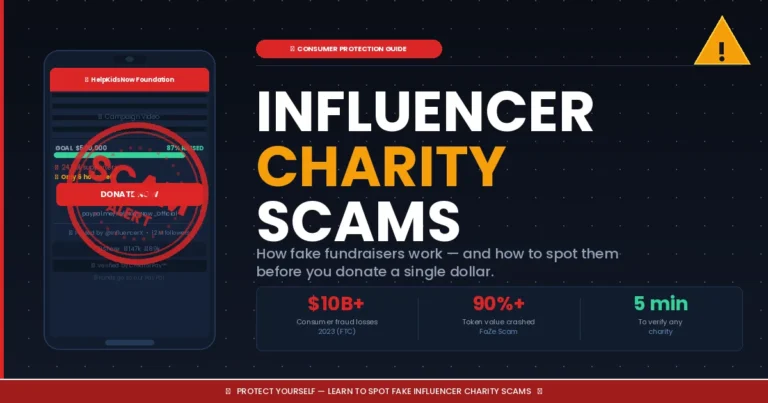 Influencer charity scam warning: fake phone fundraiser with SCAM ALERT stamp overlay and key fraud statistics