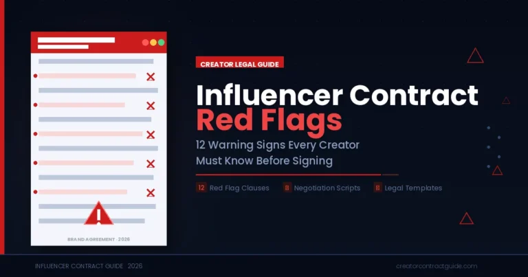 Influencer contract red flags shown on a legal document with red X marks and warning triangle icons
