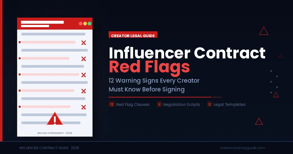 Influencer contract red flags shown on a legal document with red X marks and warning triangle icons
