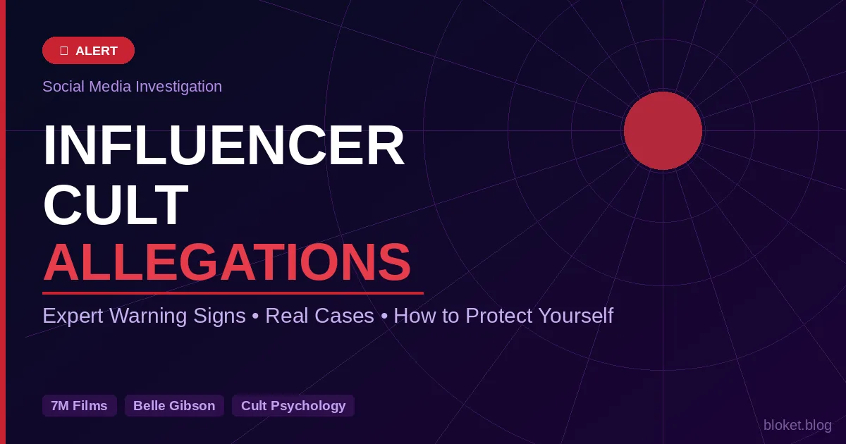 Influencer cult allegations warning signs — radial web graphic showing manipulation and control tactics online