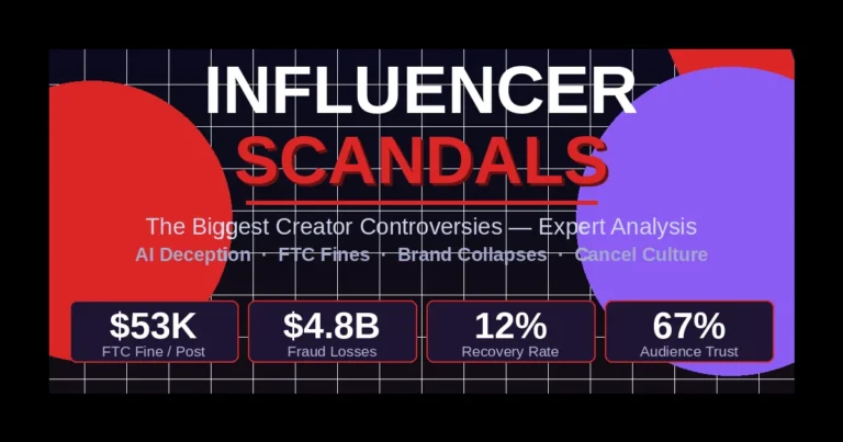 Influencer scandals 2026 year in review — dark editorial graphic showing FTC fines, AI deception, and brand collapse stats