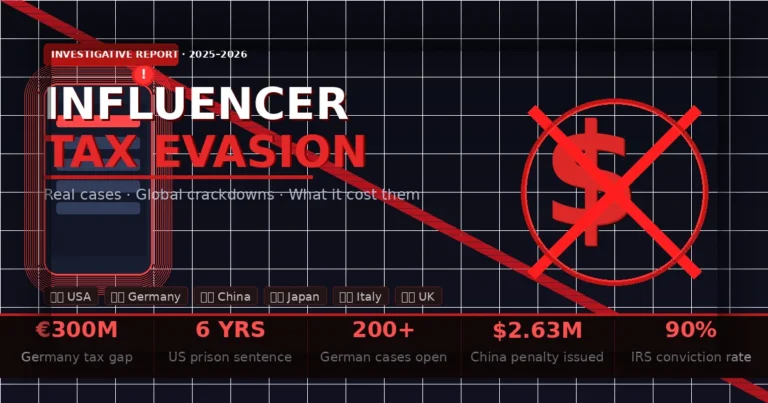 Influencer tax evasion cases worldwide — phone, crossed-out dollar sign, and global statistics panel