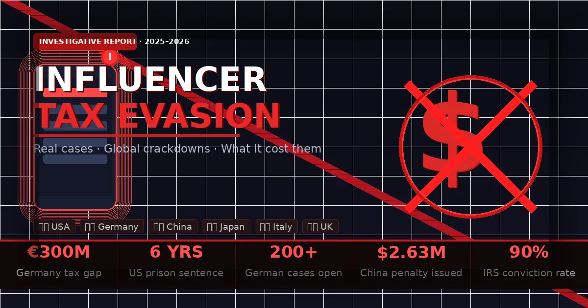 Influencer tax evasion cases worldwide — phone, crossed-out dollar sign, and global statistics panel