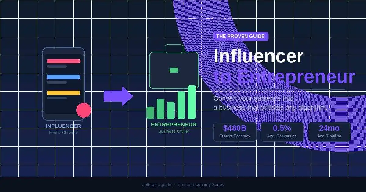 Influencer to entrepreneur transition showing a phone and briefcase with revenue growth chart