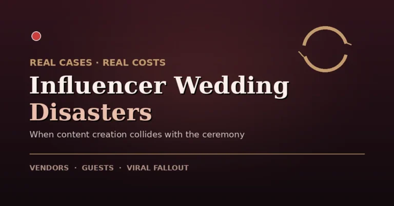 Influencer wedding disasters concept graphic with a cracked gold ring and livestream icon