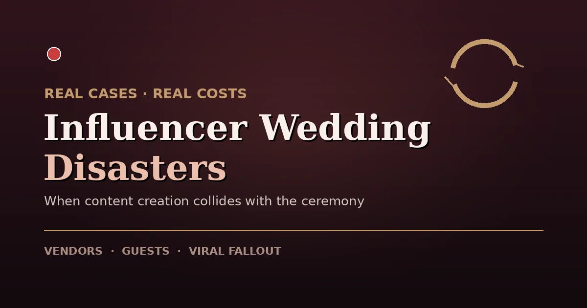 Influencer wedding disasters concept graphic with a cracked gold ring and livestream icon