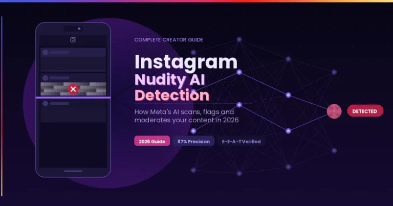 Instagram nudity AI detection scanning a phone screen with blurred content and neural network nodes