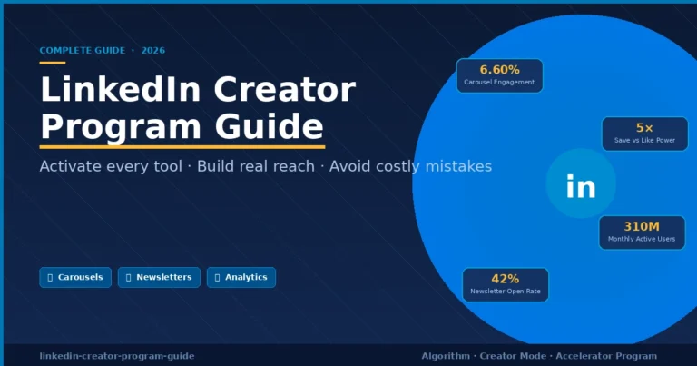 LinkedIn creator program dashboard showing newsletter, carousel, and analytics tools for professional audience growth in 2026