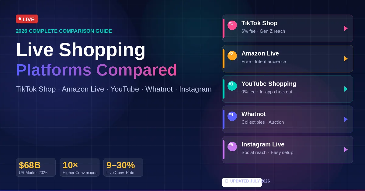 Live shopping platforms compared — TikTok Shop, Amazon Live, YouTube Shopping, Whatnot, and Instagram Live ranked