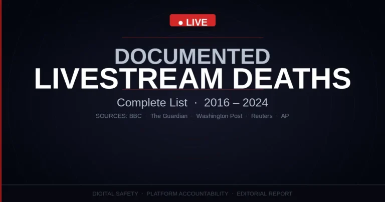 Livestream deaths documented cases 2016–2024 — editorial graphic showing LIVE broadcast indicator with headline text