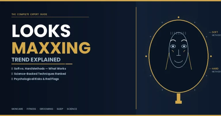 Looksmaxxing trend explained — editorial graphic showing stylised face mirror concept with soft vs hard method labels