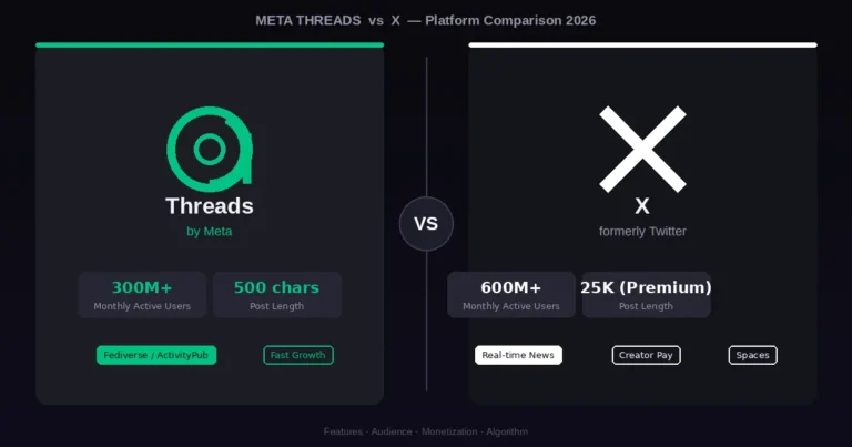 Meta Threads vs X platform comparison 2026 showing features, audience size, and key differences side by side