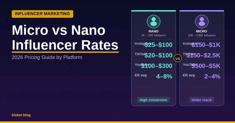 Micro vs nano influencer rates comparison chart showing 2026 pricing for Instagram TikTok and YouTube
