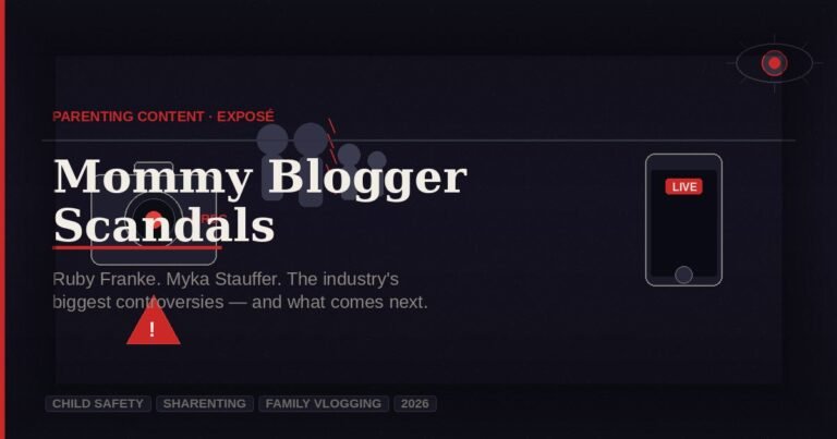 Mommy blogger scandals — camera, warning triangle, and family silhouette on dark editorial background